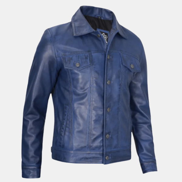 blue-mens-jacket-1.png Men’s Blue Leather Trucker Jacket Soft Real Lambskin Finish