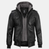 bomber-hoodie-jacket-1.png Black Bomber Men's Leather Jacket with Removable Hood