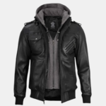 Black Bomber Men's Leather Jacket with Removable Hood - Image 4