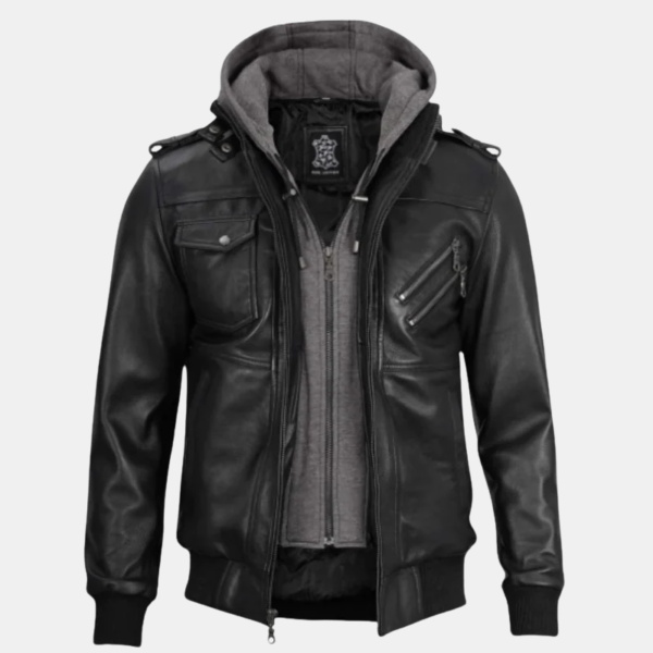 bomber-hoodie-jacket-1.png Black Bomber Men's Leather Jacket with Removable Hood