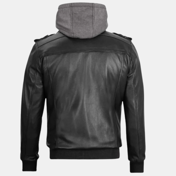 bomber-jacket-with-a-hood-1.png Black Bomber Men's Leather Jacket with Removable Hood