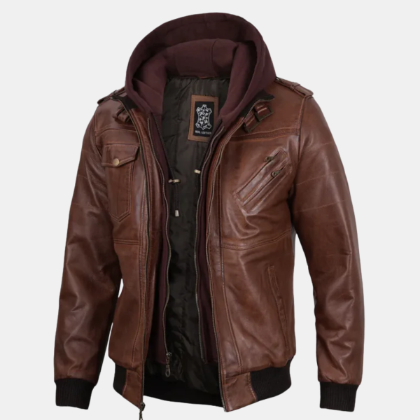 brown-hooded-leather-jacket.png Edinburgh Mens Brown Bomber Leather Jacket With Removable Hood