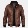 brown-mens-hooded-leather-jacket-1.png Edinburgh Mens Brown Bomber Leather Jacket With Removable Hood