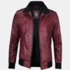 Men's Burgundy Leather Jacket with Removable Hood