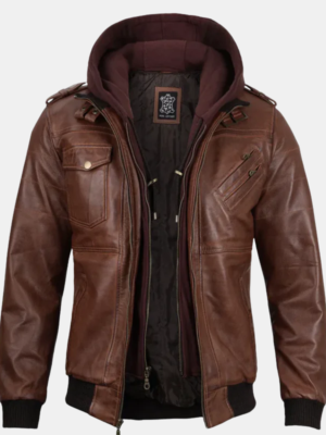 Edinburgh Mens Brown Bomber Leather Jacket With Removable Hood