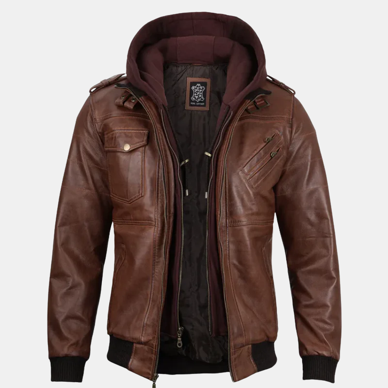 cognac-mens-hooded-jacket-1.png Edinburgh Mens Brown Bomber Leather Jacket With Removable Hood - Image 1