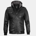 Black Bomber Men's Leather Jacket with Removable Hood