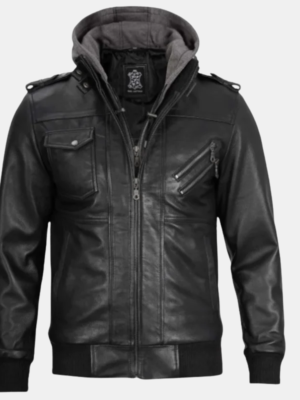 Black Bomber Men's Leather Jacket with Removable Hood