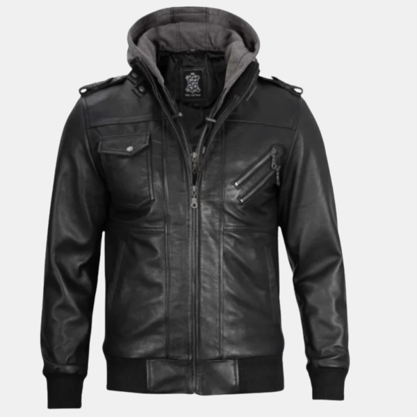 cool-black-jacket-1.png Black Bomber Men's Leather Jacket with Removable Hood