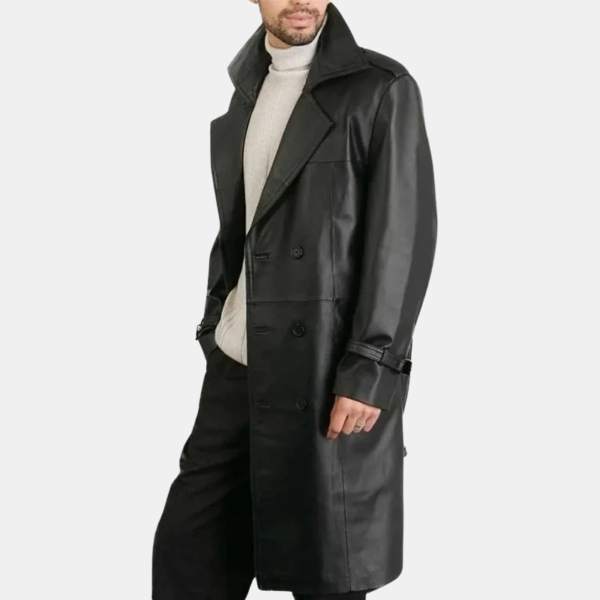 Men's Belted Double Breasted Black Leather Trench Coat