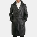 Men's Belted Double Breasted Black Leather Trench Coat - Image 3