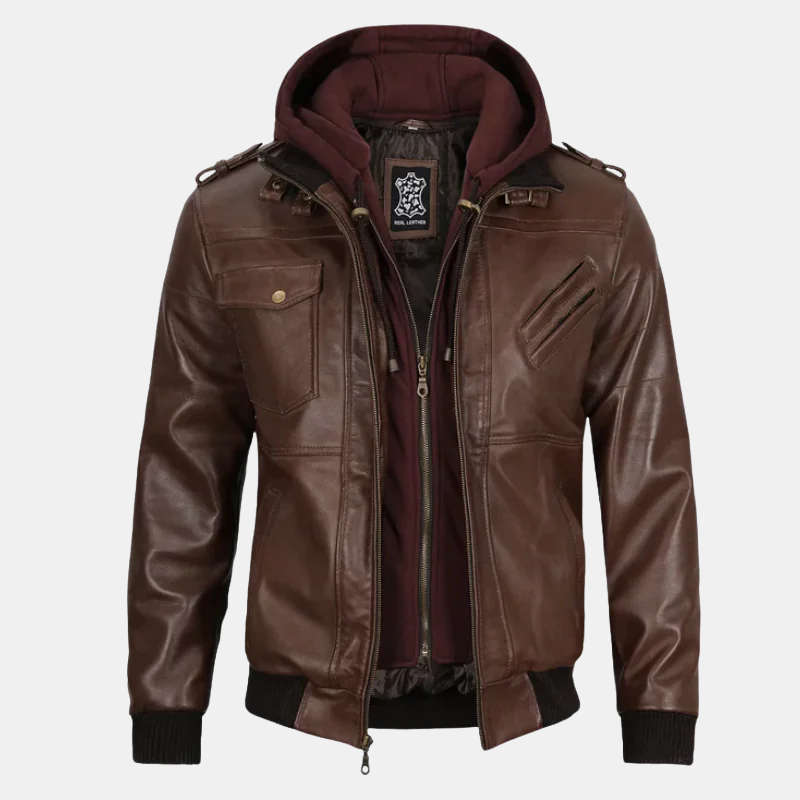 edinburgh-mens-hooded-jacket-1.png Edinburgh Men's Dark Brown Leather Bomber Jacket With Removable Hood - Image 1