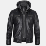 Mens Black Bomber Leather Jacket with Removable Hood - Image 4