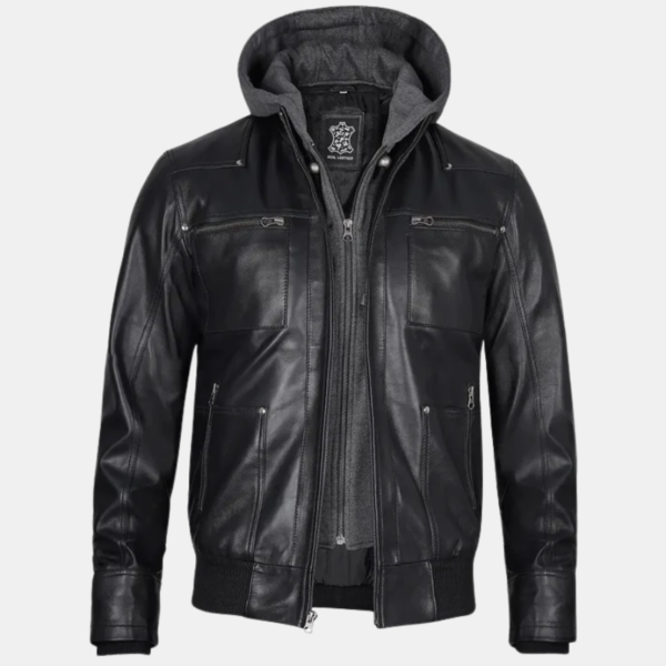 Mens Black Bomber Leather Jacket with Removable Hood