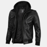Men's Black Leather Moto Jacket with Hoodie - Image 4