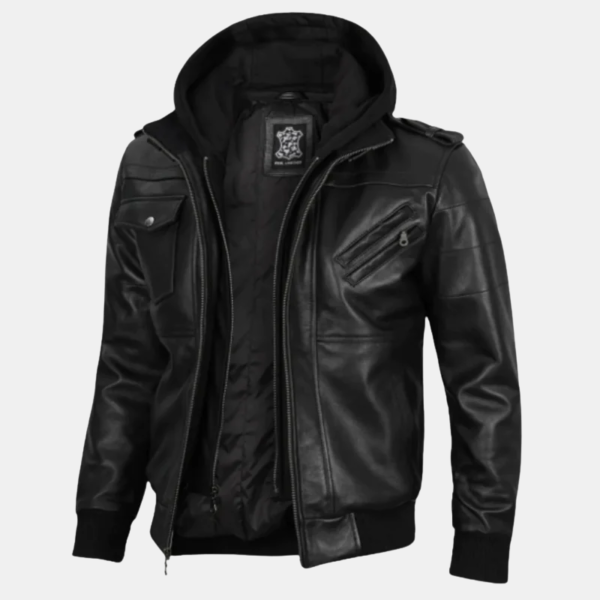 Men's Black Leather Moto Jacket with Hoodie
