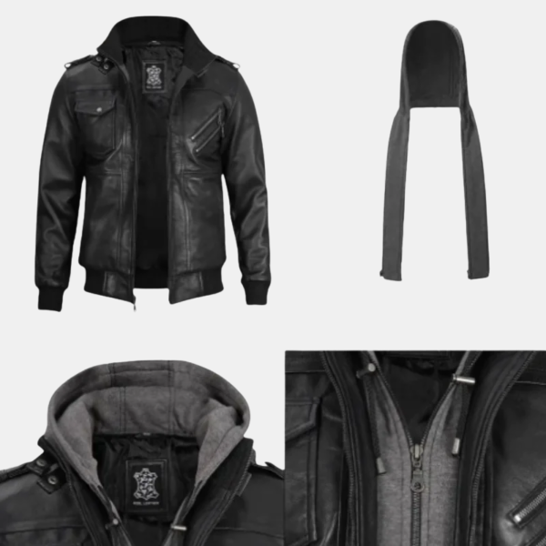 jacket-with-a-hoodie-1.png Black Bomber Men's Leather Jacket with Removable Hood