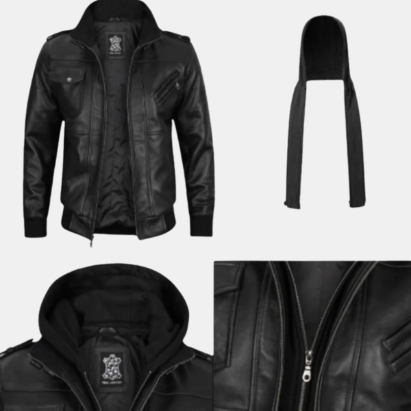 Men's Black Leather Moto Jacket with Hoodie