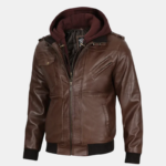 Edinburgh Men's Dark Brown Leather Bomber Jacket With Removable Hood - Image 2
