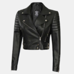 Women's Black Cropped Leather Moto Jacket - Image 4