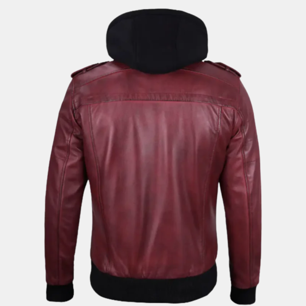 Men's Burgundy Leather Jacket with Removable Hood