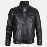 Mens Black Bomber Leather Jacket with Removable Hood - Image 3