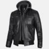 Mens Black Bomber Leather Jacket with Removable Hood