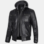 Mens Black Bomber Leather Jacket with Removable Hood - Image 2