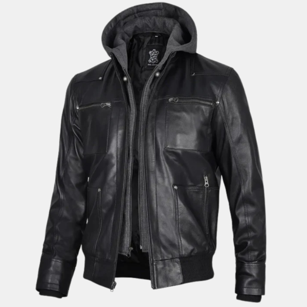 Mens Black Bomber Leather Jacket with Removable Hood
