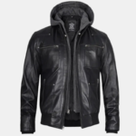 Mens Black Bomber Leather Jacket with Removable Hood