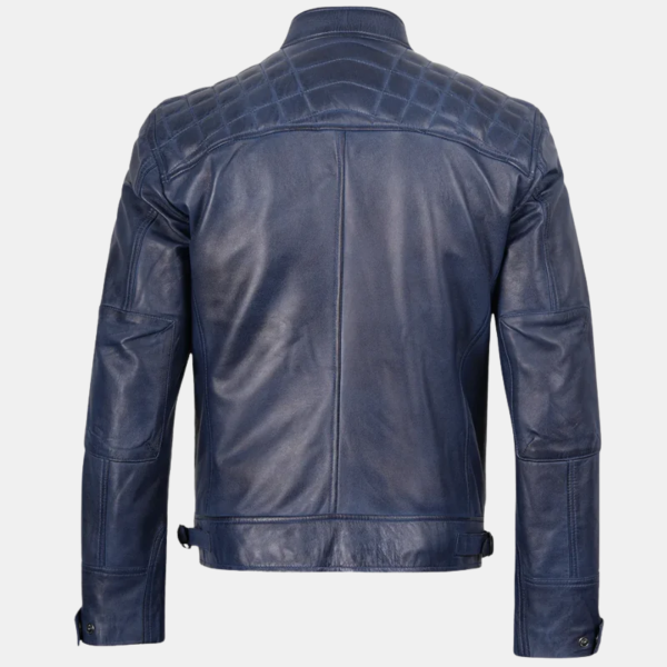 Men's Blue Leather Wax Cafe Racer Biker Jacket
