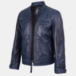 Men's Blue Leather Wax Cafe Racer Biker Jacket - Image 3