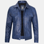 Men’s Blue Leather Trucker Jacket Soft Real Lambskin Finish