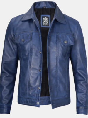 Men’s Blue Leather Trucker Jacket Soft Real Lambskin Finish