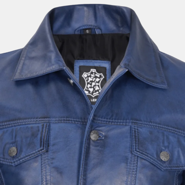 mens-blue-leather-blazer-1.png Men’s Blue Leather Trucker Jacket Soft Real Lambskin Finish
