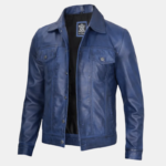 Men’s Blue Leather Trucker Jacket Soft Real Lambskin Finish - Image 3