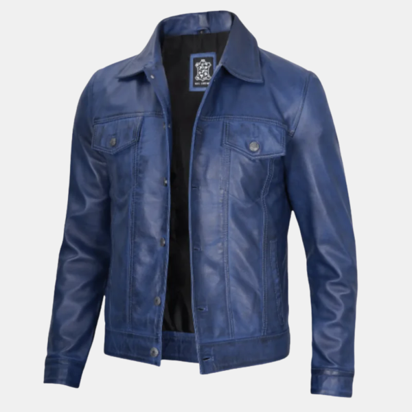 mens-blue-leather-jacket-2.png Men’s Blue Leather Trucker Jacket Soft Real Lambskin Finish