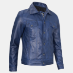 Men’s Blue Leather Trucker Jacket Soft Real Lambskin Finish - Image 4
