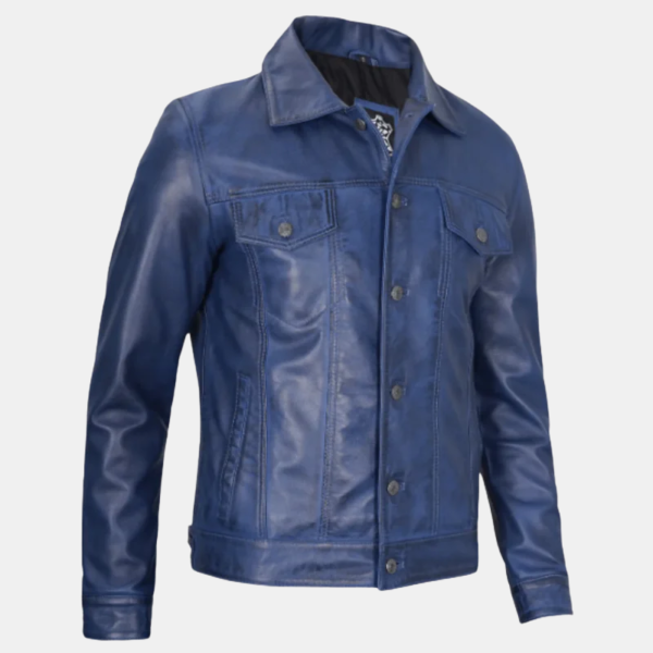 mens-blue-leather-jacket-3.png Men’s Blue Leather Trucker Jacket Soft Real Lambskin Finish
