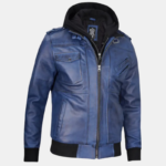 Men's Blue Waxed Leather Jacket with Removable Hood - Image 2