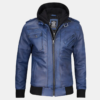 Men's Blue Waxed Leather Jacket with Removable Hood