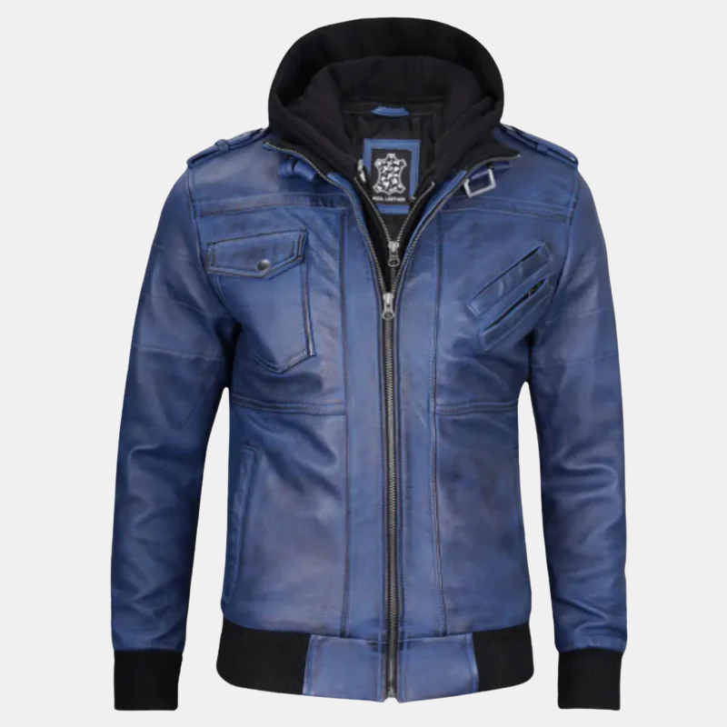 mens-blue-leather-jacket-5.png Men's Blue Waxed Leather Jacket with Removable Hood - Image 1