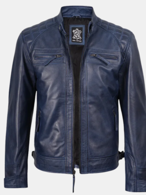 Men's Blue Leather Wax Cafe Racer Biker Jacket