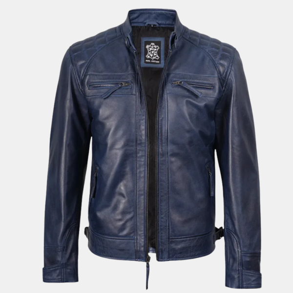 Men's Blue Leather Wax Cafe Racer Biker Jacket