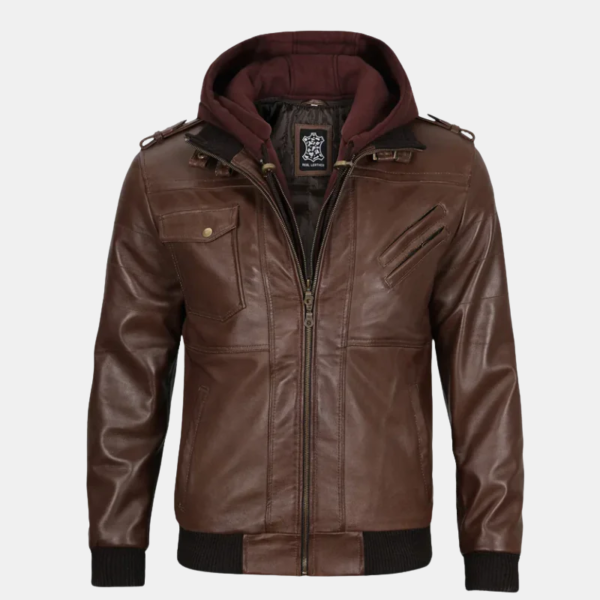 Edinburgh Men's Dark Brown Leather Bomber Jacket With Removable Hood