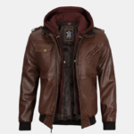 Men's Dark Brown Leather Bomber Jacket With Hood - Image 3