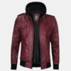 Men's Burgundy Leather Jacket with Removable Hood