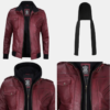 Men's Burgundy Leather Jacket with Removable Hood