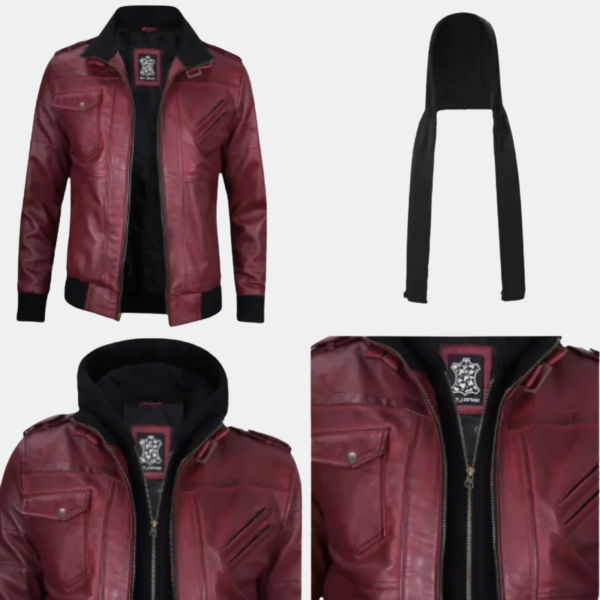 Men's Burgundy Leather Jacket with Removable Hood