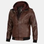 Men's Dark Brown Leather Bomber Jacket With Hood - Image 2
